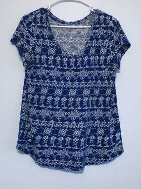 LOFT Blue White Pattern Top Women’s Medium Short Sleeve Casual Blouse